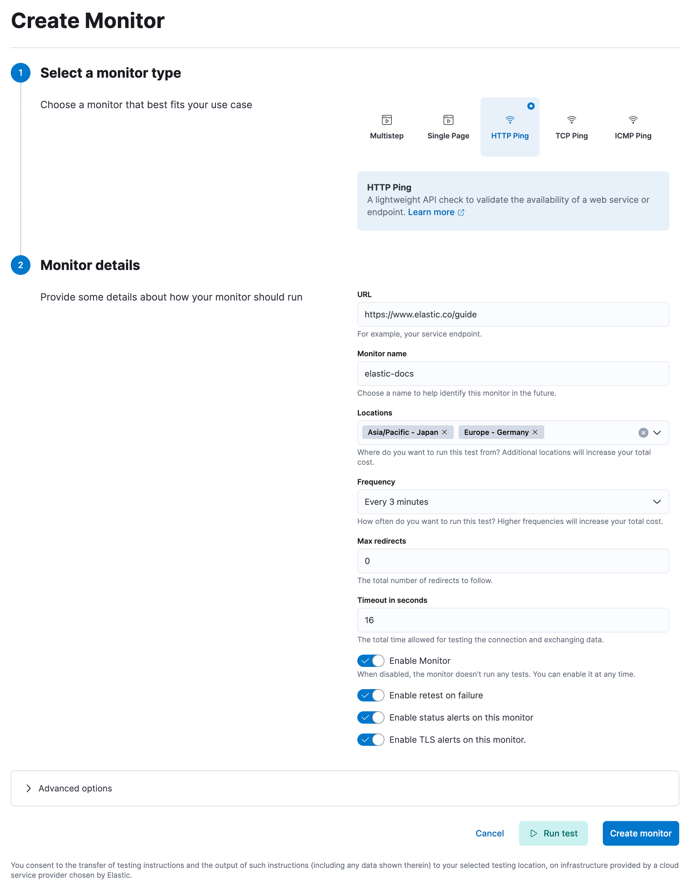 Synthetics Create monitor UI