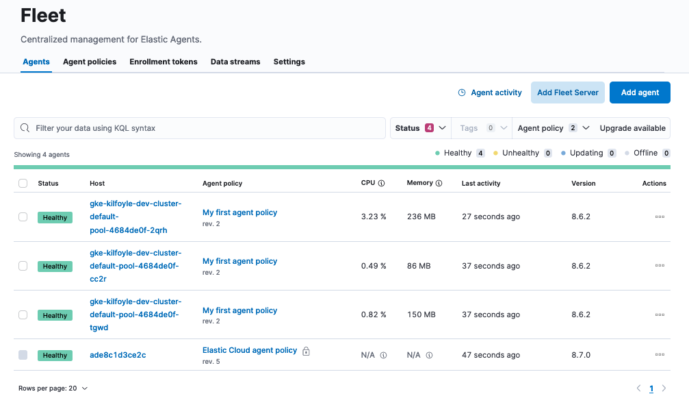 Fleet page showing enrolled Elastic Agents