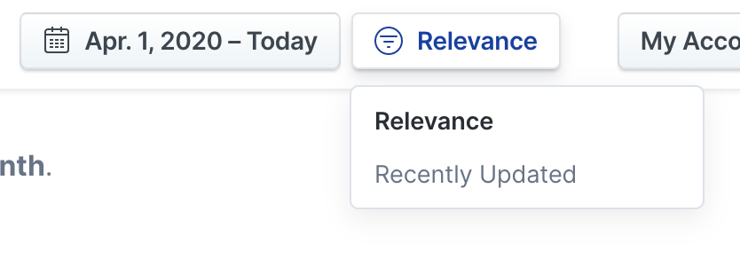 The Relevance dropdown menu next to the searchbar. The Recently Updated option is invoked and the results have shifted accordingly with the most recent at the top.