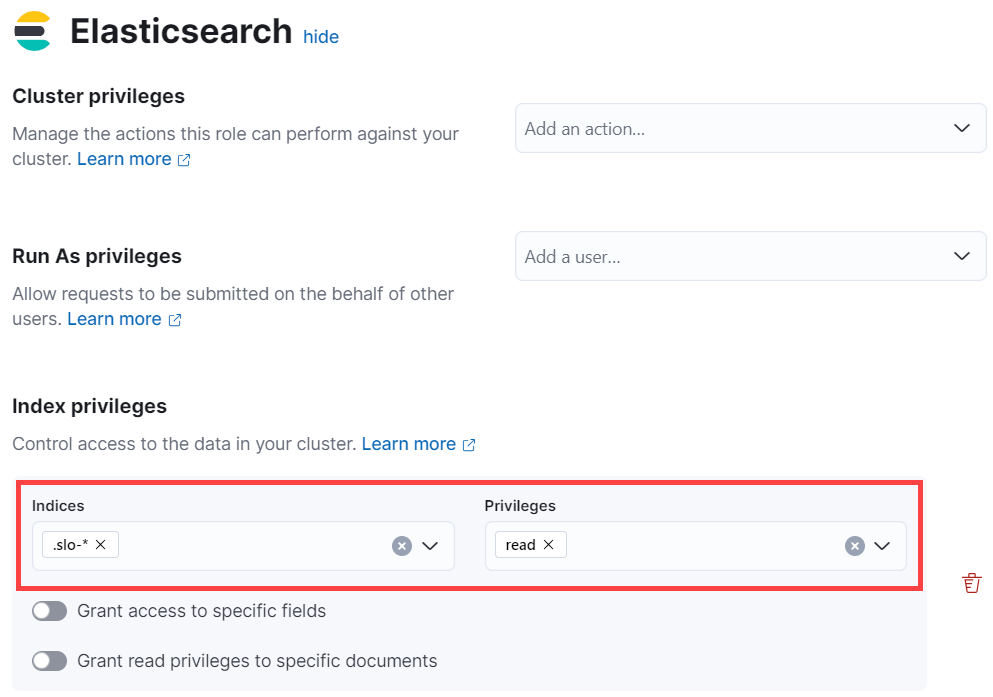 Index privileges for SLO Read role