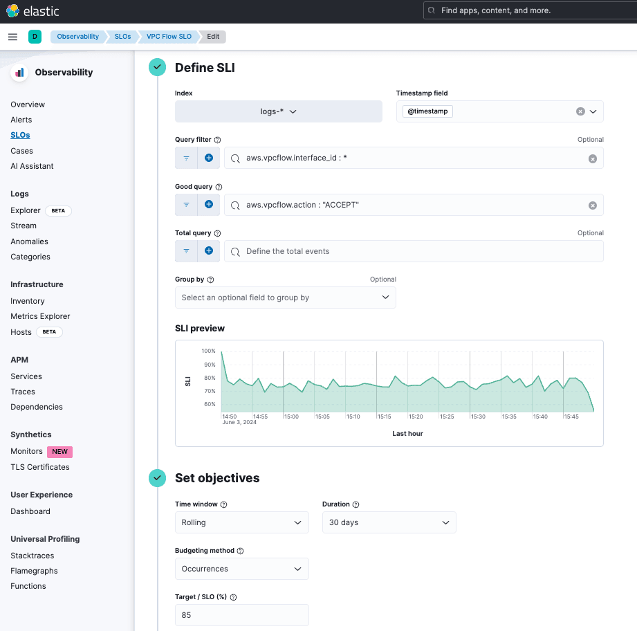 Setting up SLO for VPC FLow log