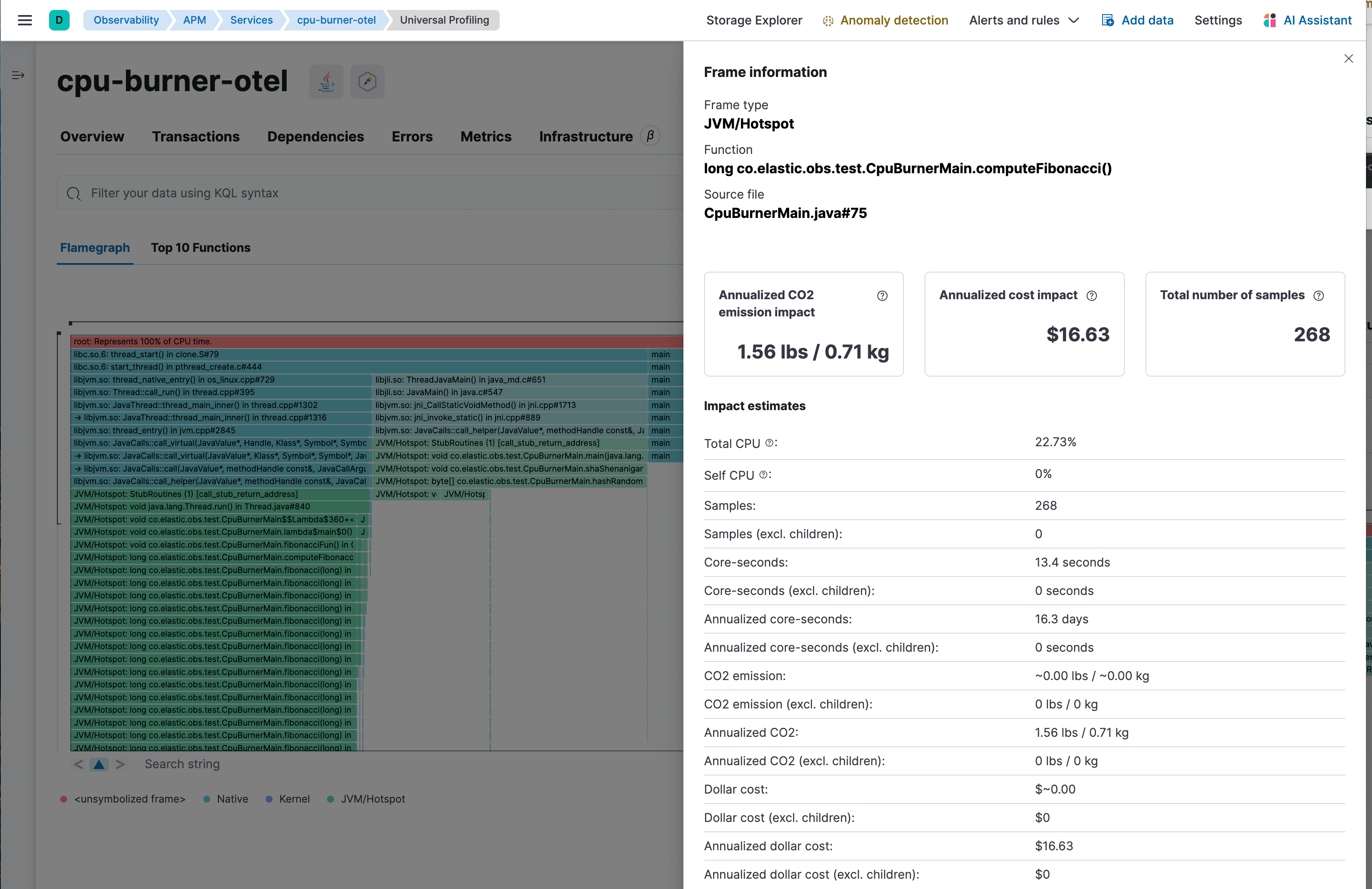 Profiling correlated with service.name, showing  CO2 and cloud cost impact by line of code.