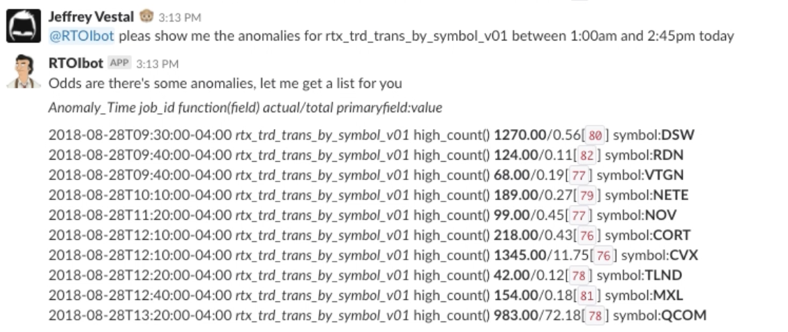 Slackbot circa 2018 reporting on Elastic ML Anomalies for trade transactions by sock symbol