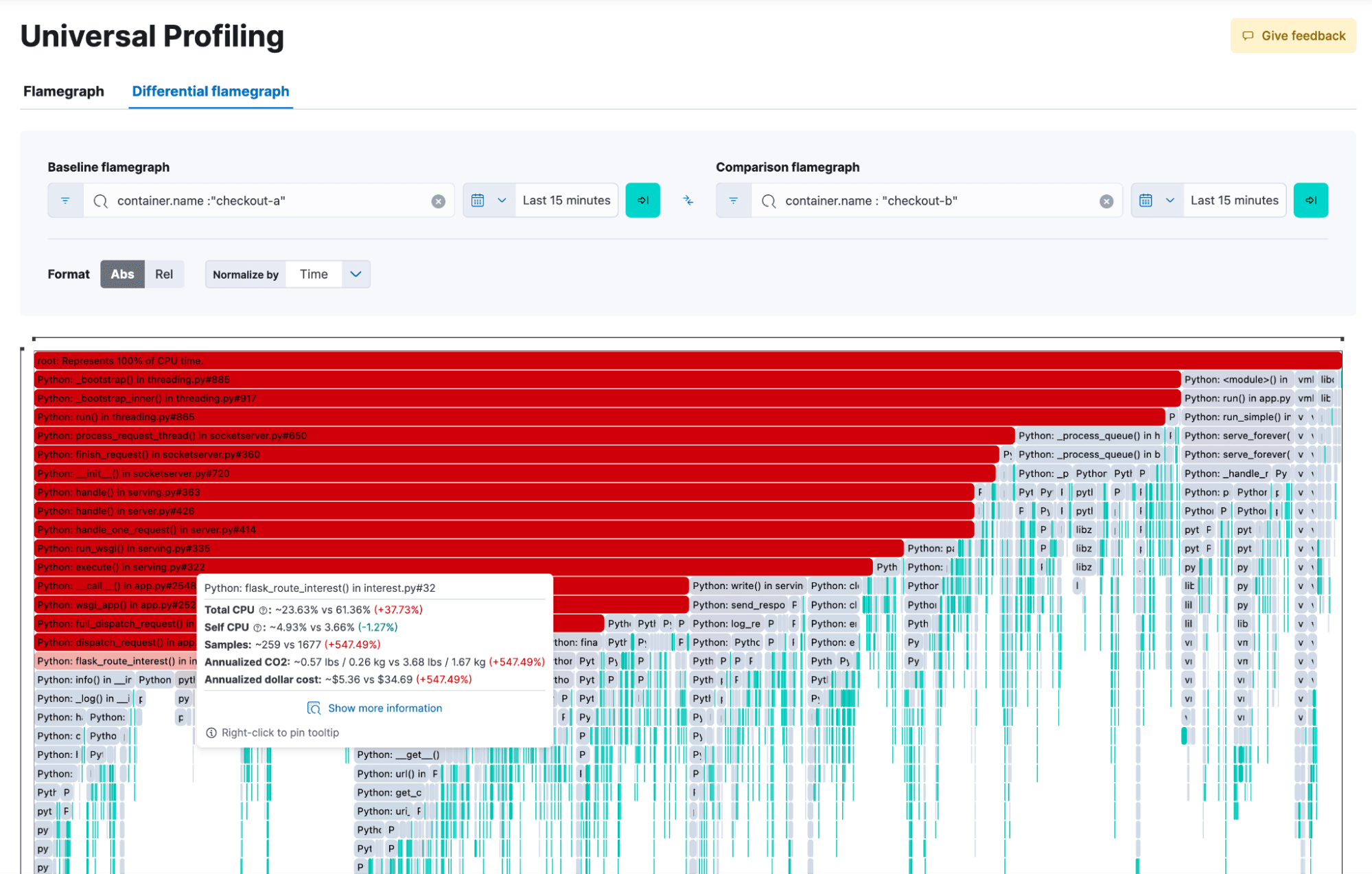 A differential flamegraph showing regression in release comparison