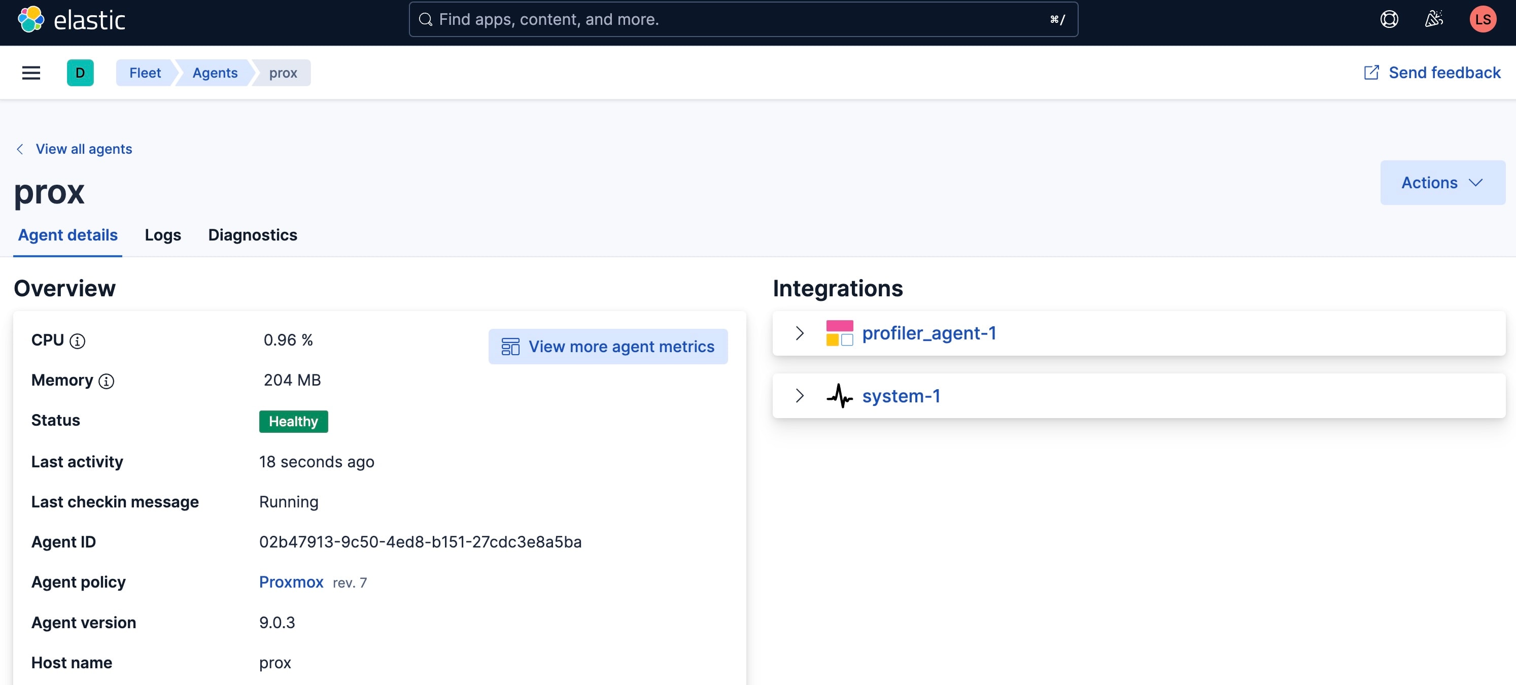 The Elastic Integrations enabled for our Proxmox host