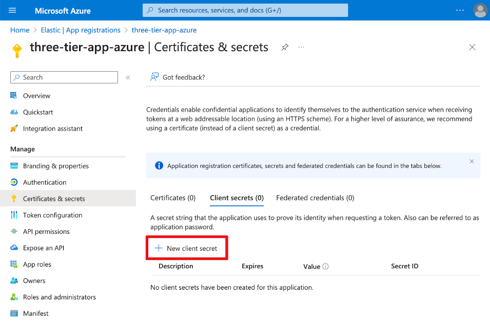 three tier app new client secret