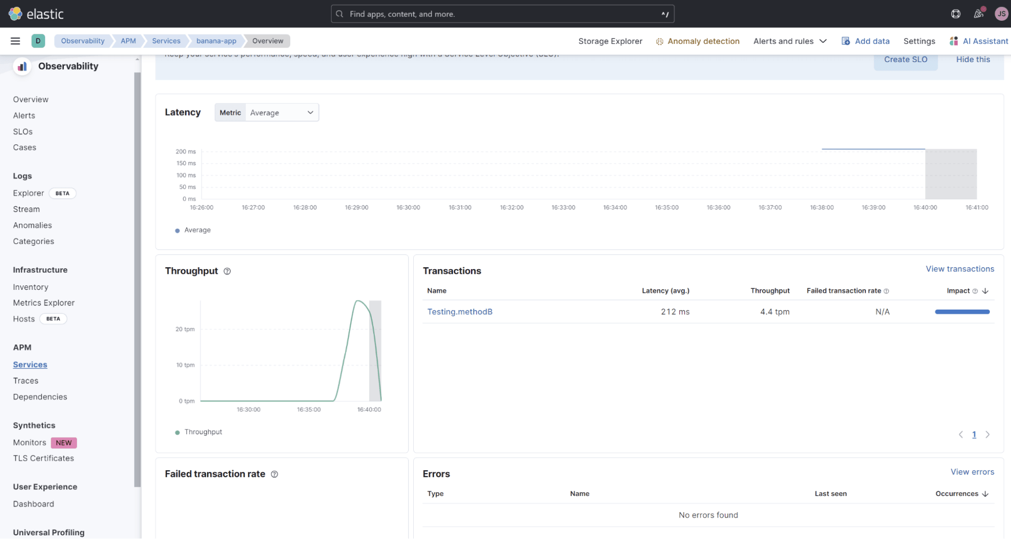 Elastic APM UI showing methodB traced