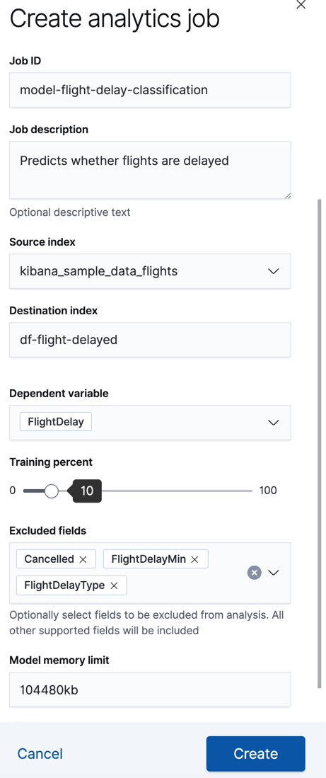 Creating a data frame analytics job in Kibana