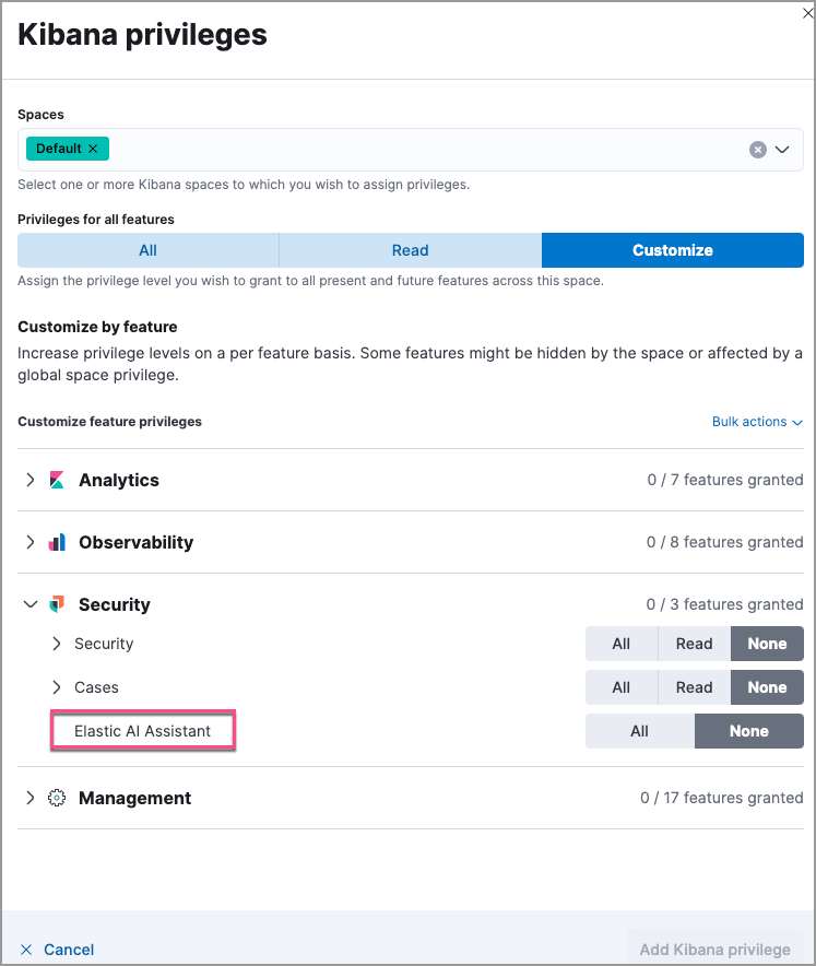 Elastic AI Assistant Kibana privilege