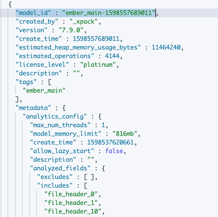 Sample output from a call to retrieve information about trained models shows the model_id, which is required for configuring inference processors