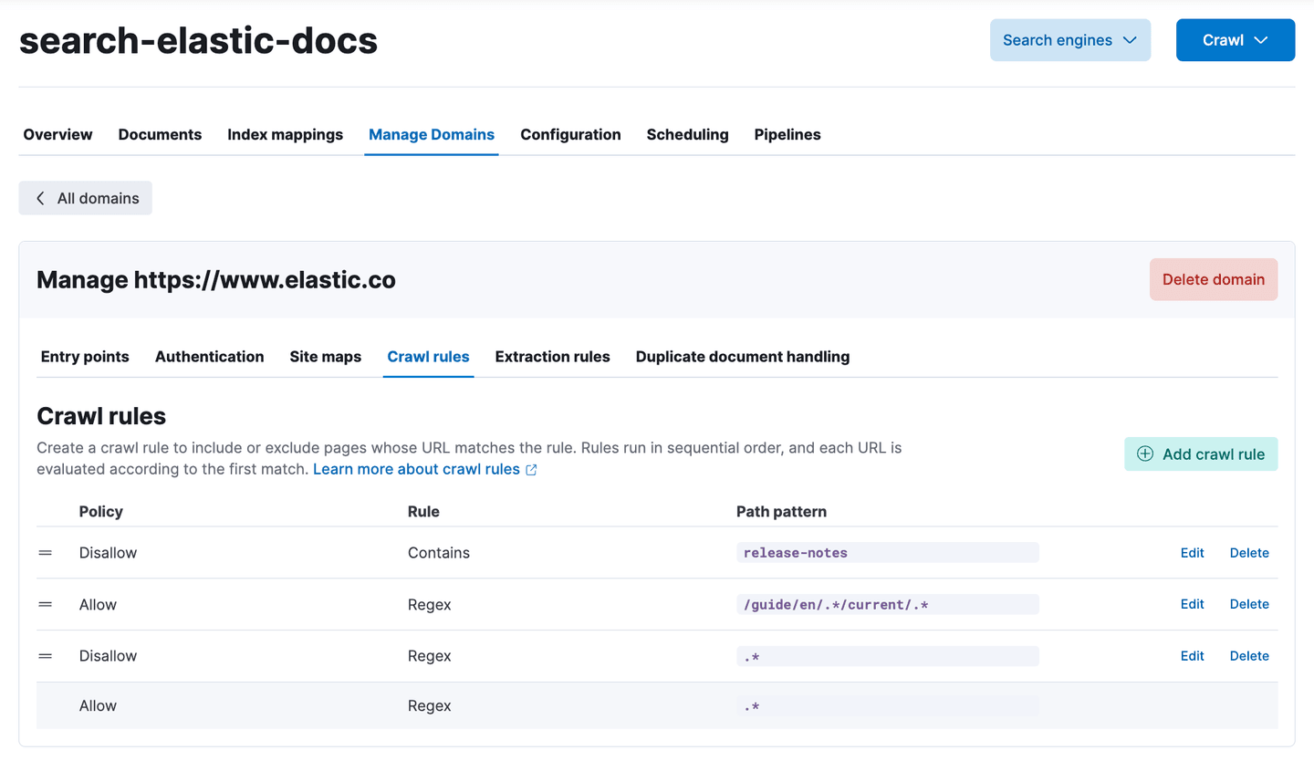 Figure 3. Adding Web Crawling rules in Elasticsearch