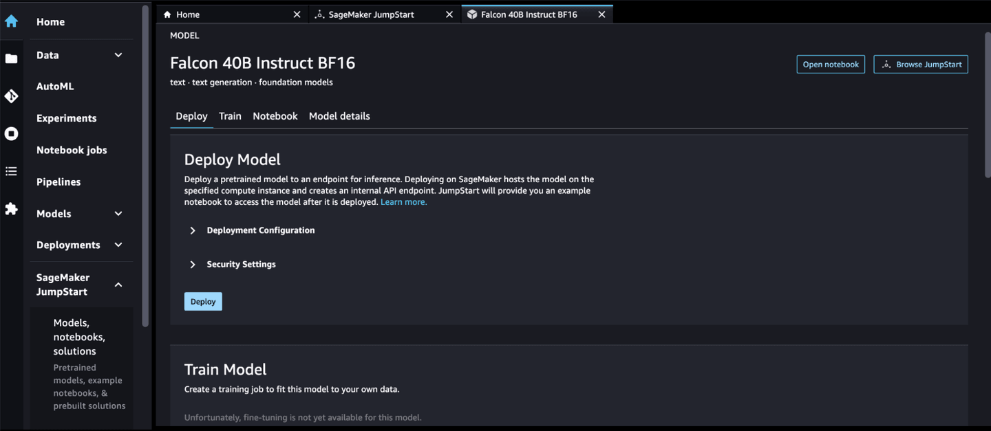 Figure 5. Deploying LLMs using Amazon SageMaker JumpStart Console