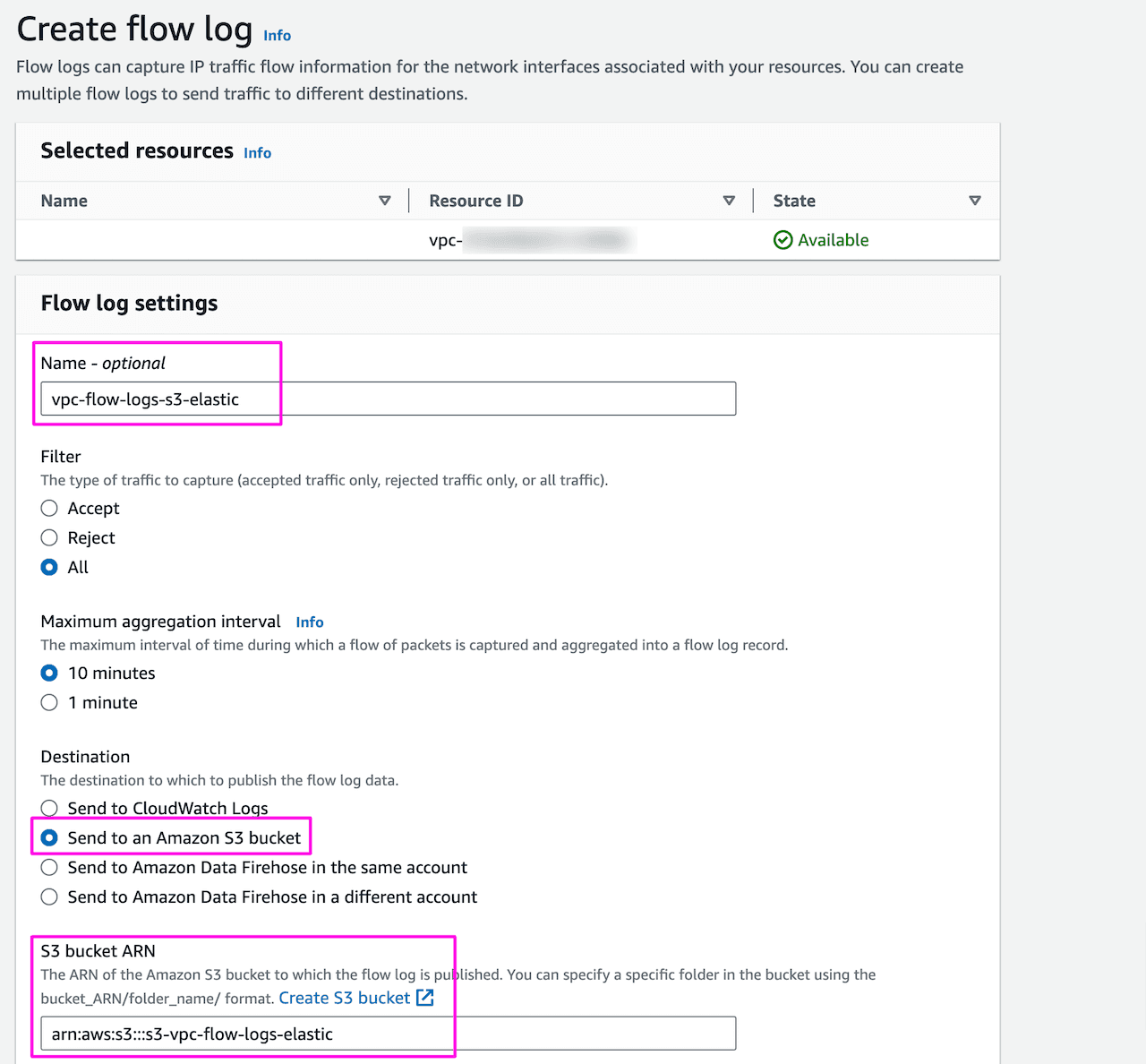 Provide name of the flow logs and select filters