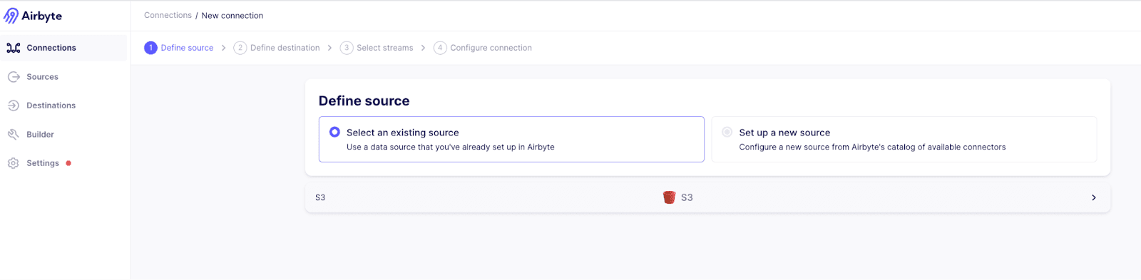 Select an existing Source or create a new one in Airbyte