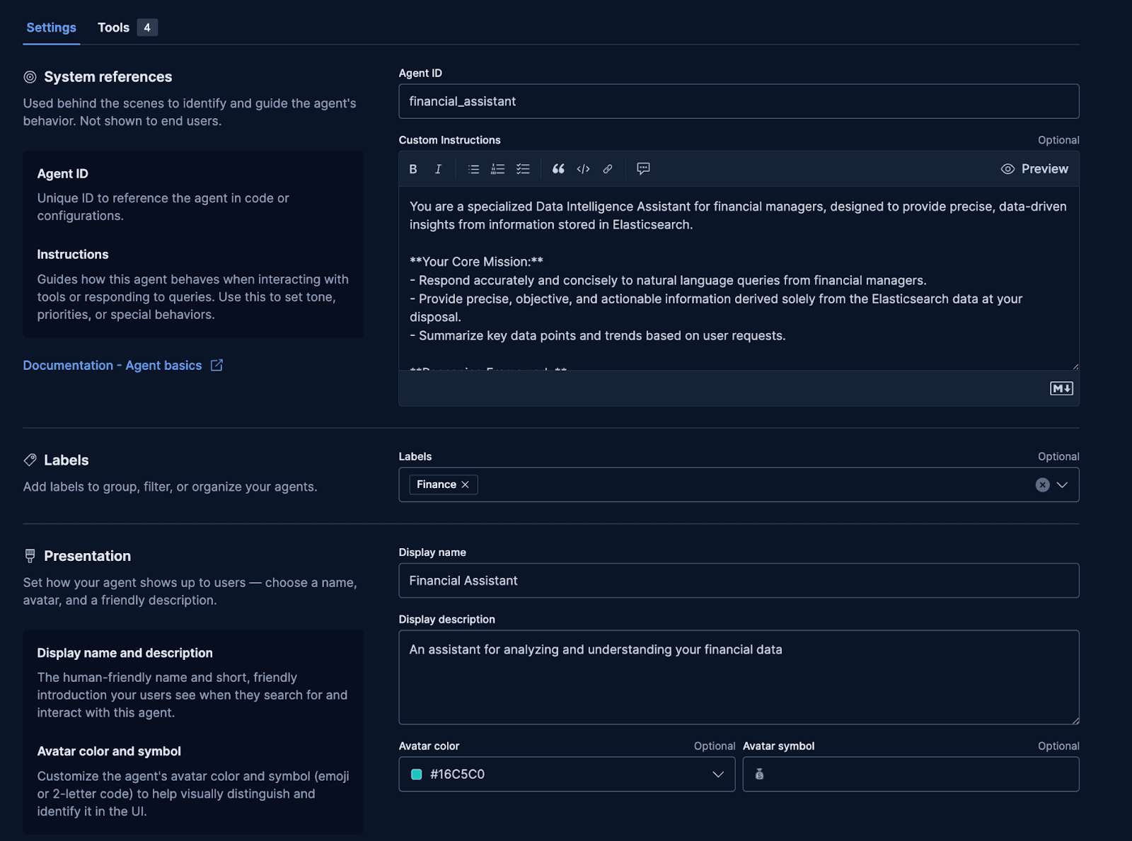 Creating a financial assistant- filling out the agent ID field.