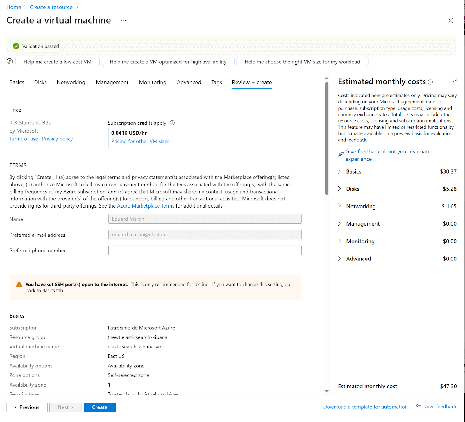 Validation passed message when creating a virtual machine in Microsoft Azure.