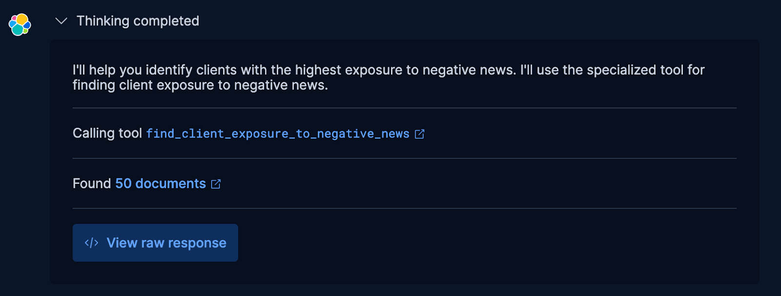 The 50 documents the financial assistant found with clients with the highest exposure to negative news.