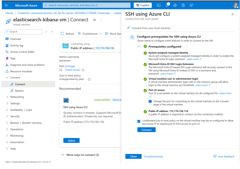 Clicking connect after the prerequisite configuration to setup an instance.