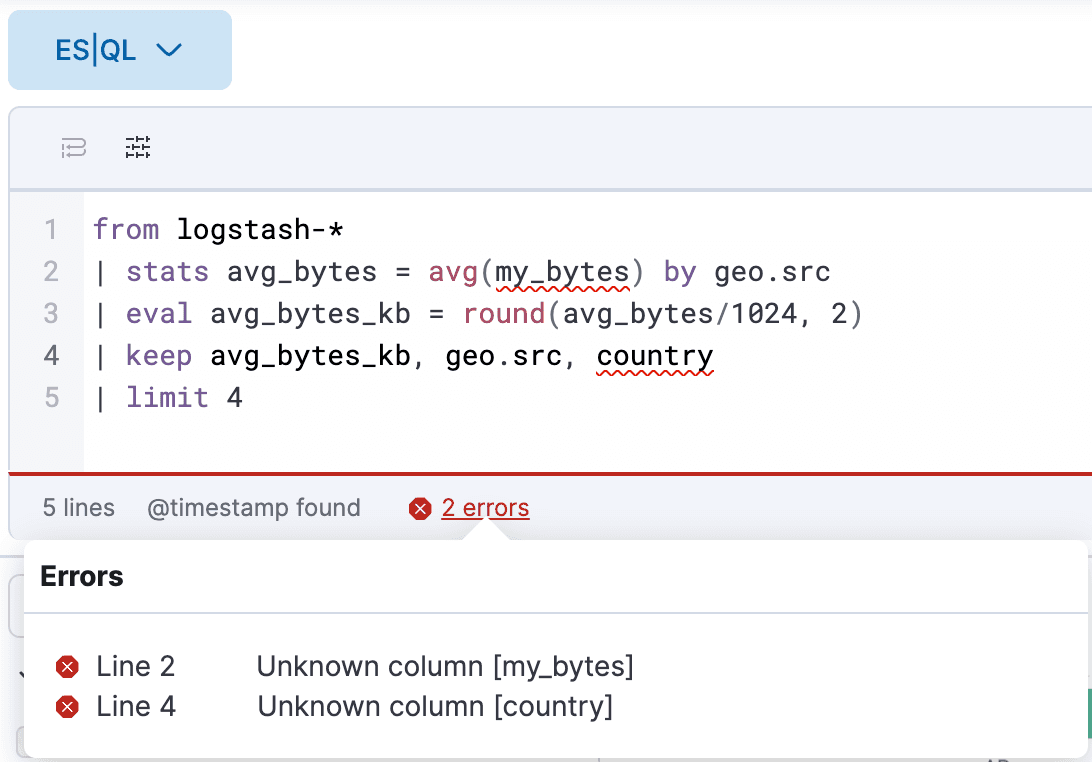 esql kibana editor errors collected