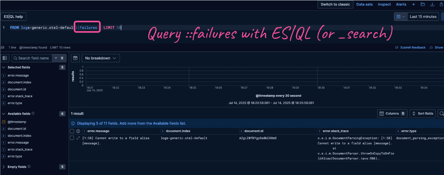 Elastic failure store - example of query failures with ES|QL