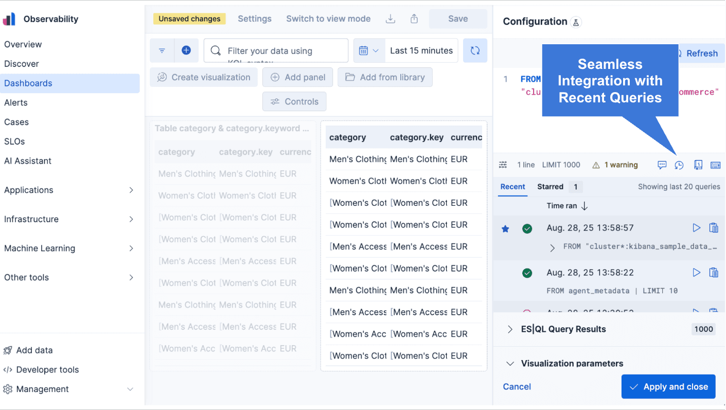 Recent queries integrated in a dashboard.