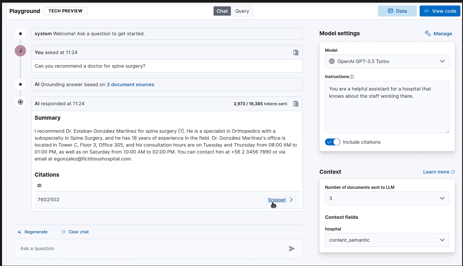 Elastic playground making questions (chatting with data)