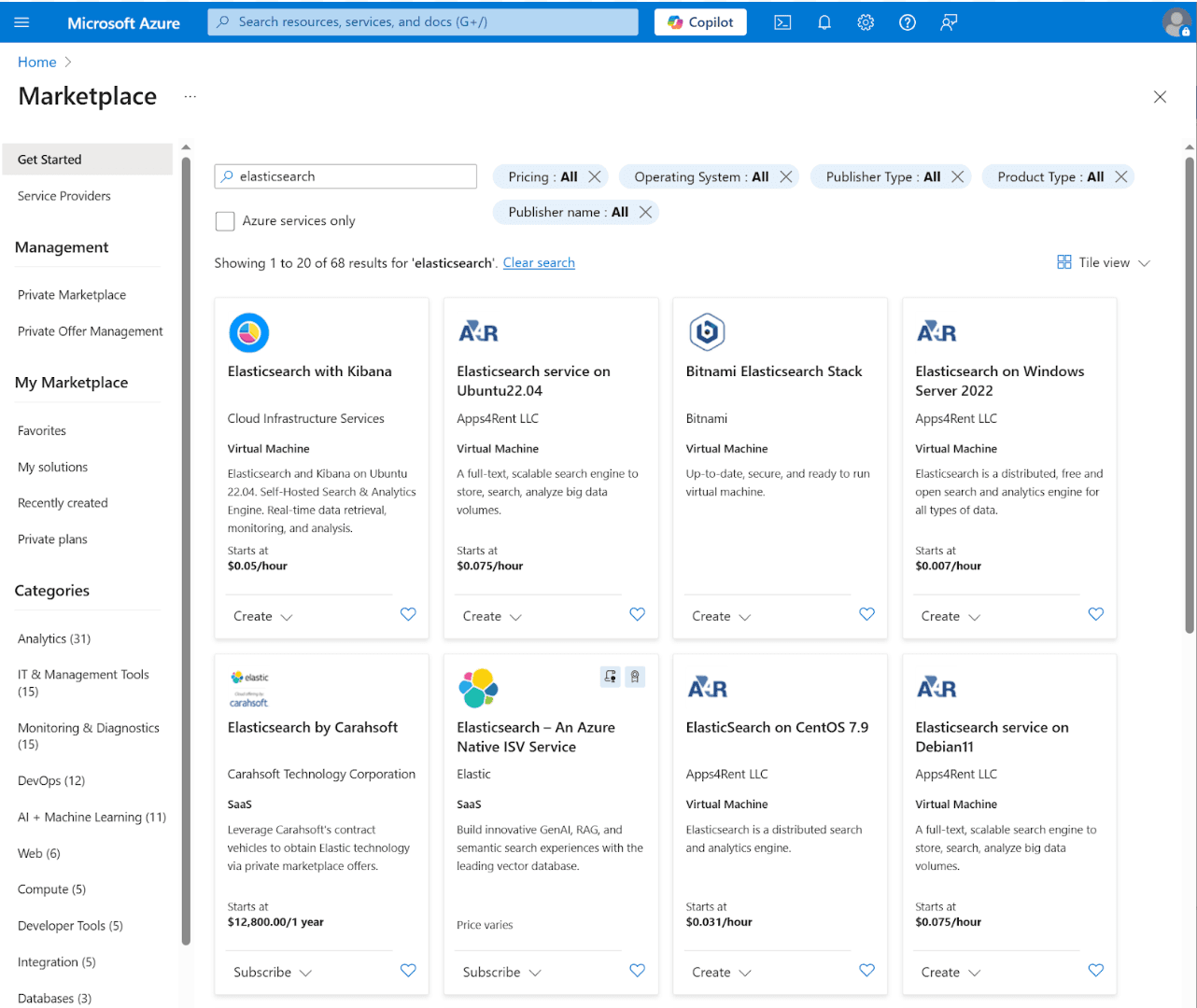 An image showing how to find Elasticsearch in the Azure marketplace by clicking the Elasticsearch - An Azure Native ISV Service tile.