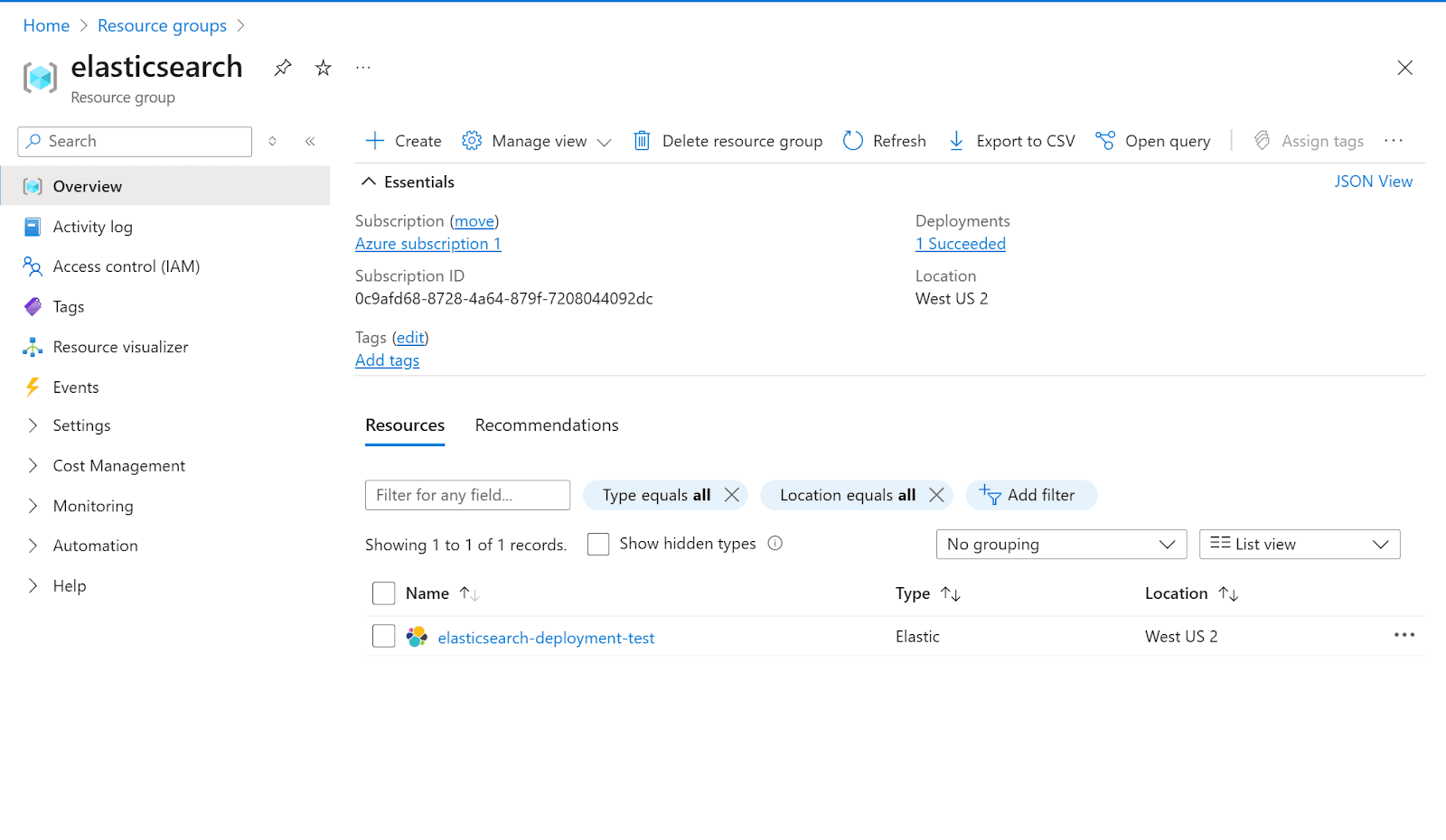 Image showing the location of the Elasticsearch deployment in, elasticsearch-deployment-test.
