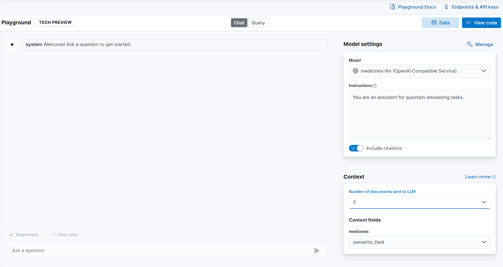 Select model settings in Playground