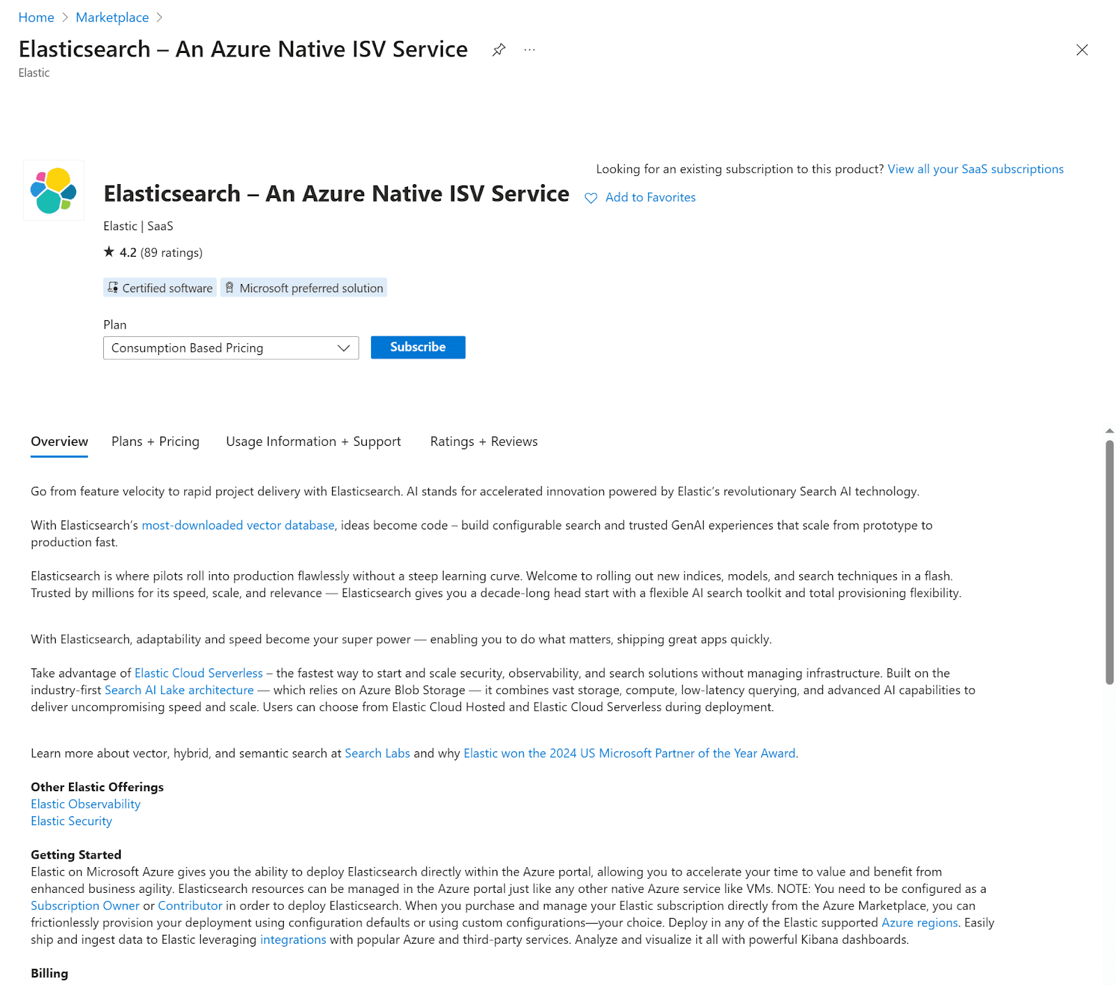 How to subscribe to the Elasticsearch Azure Native ISV Service.