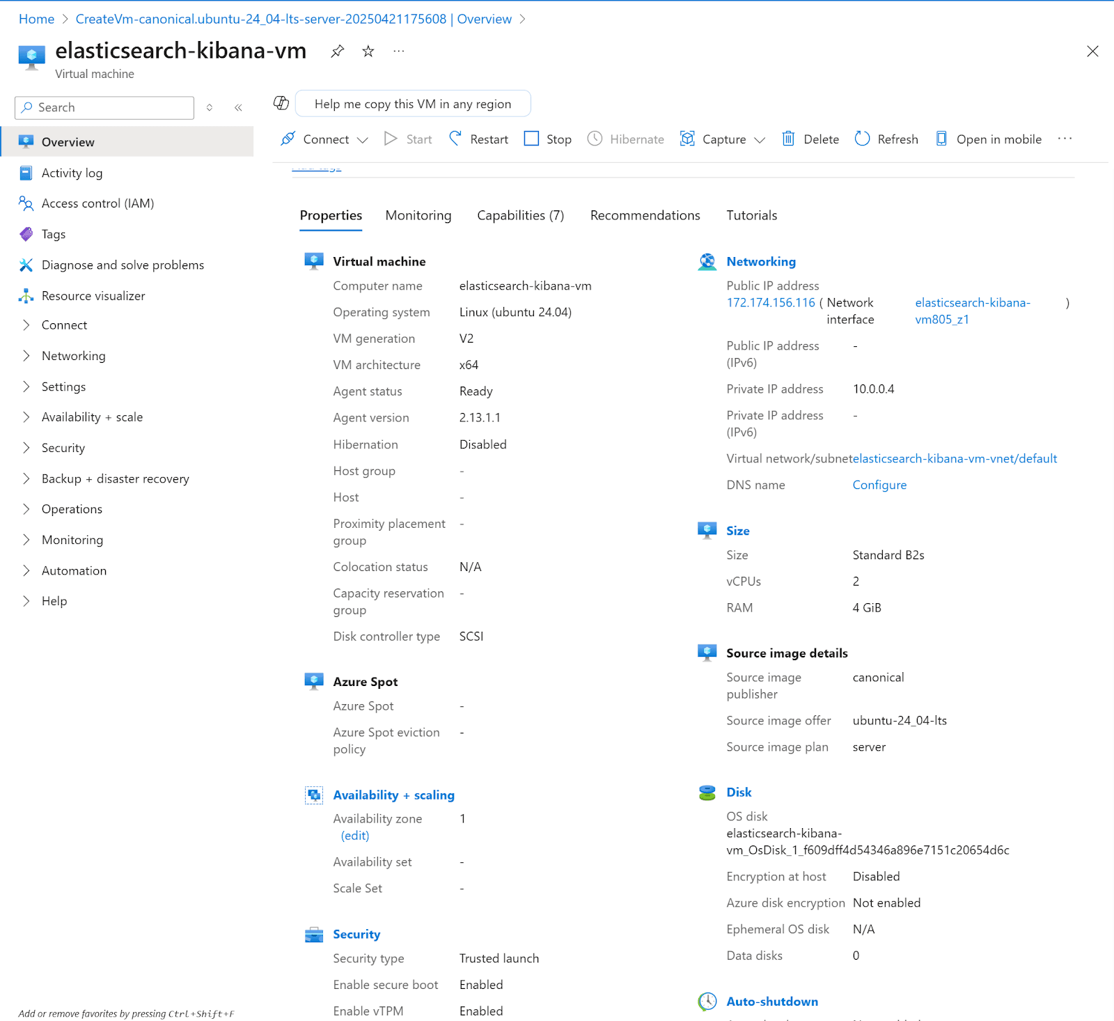 Connect to an iinstance by SSH to the public IP address or directly from the Azure UI.